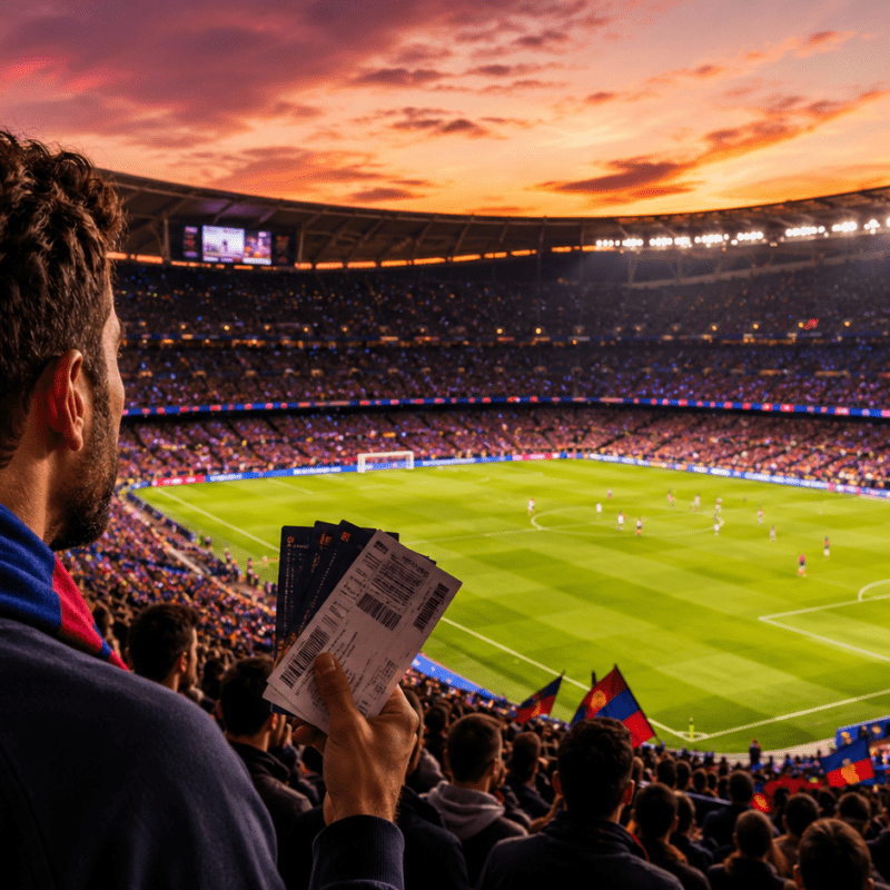 Aficionado con entradas en un estadio lleno antes de un partido del Real Madrid