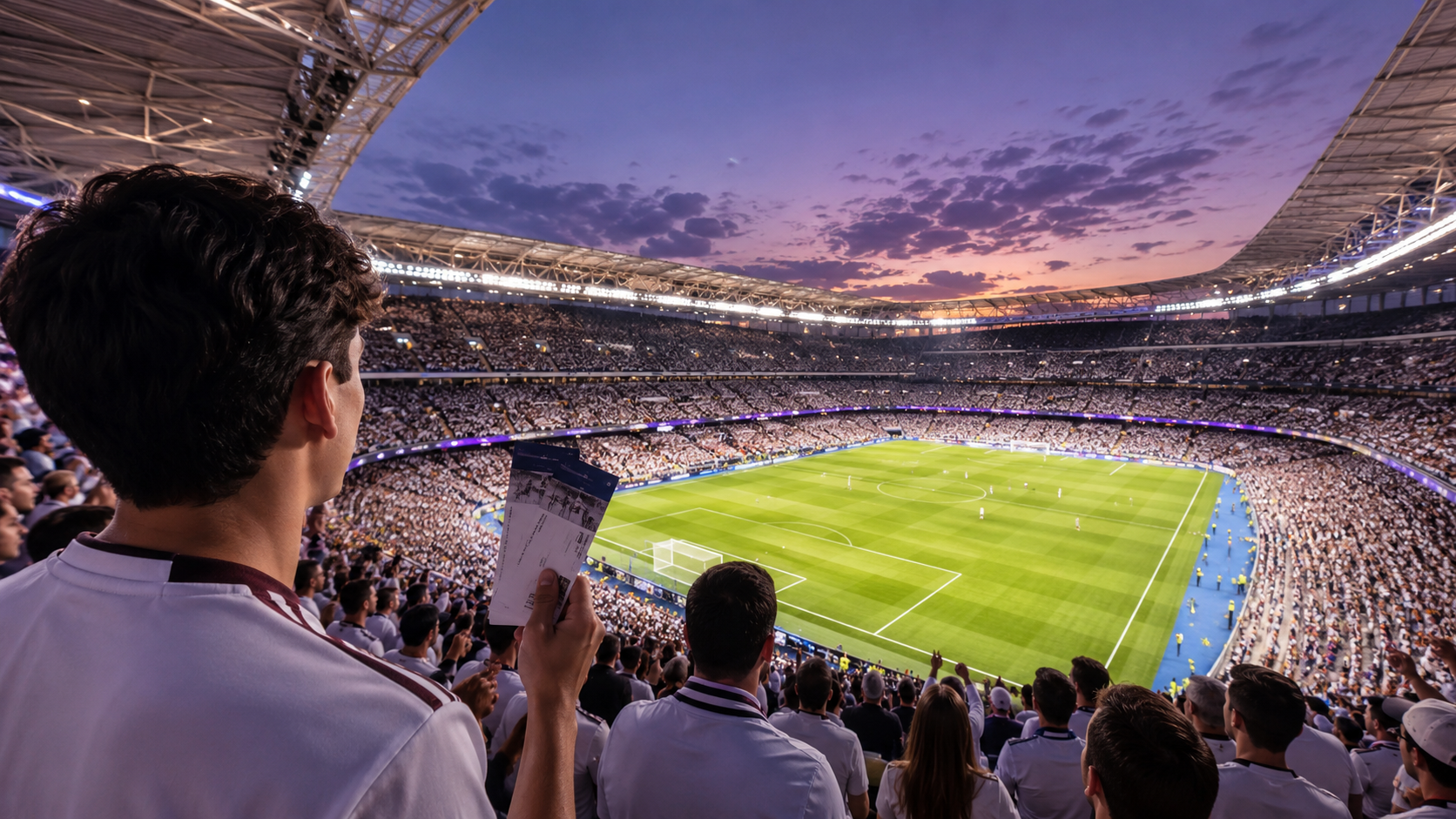 Aficionado con entradas en un estadio lleno antes de un partido del Real Madrid