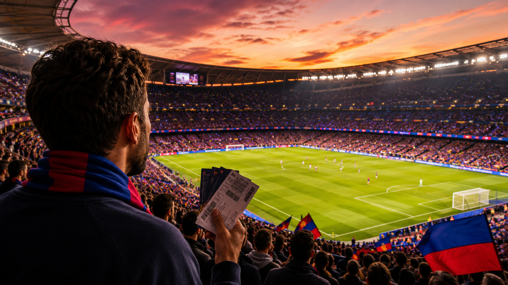 Aficionado con entradas en un estadio lleno antes de un partido del Real Madrid