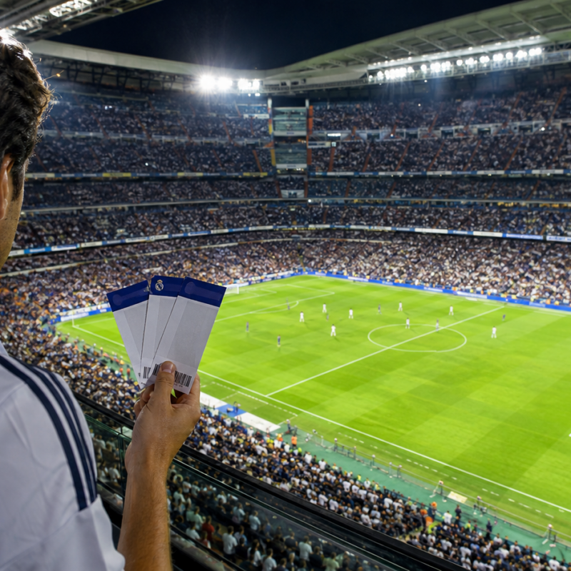 Aficionado con varias entradas contemplando un partido del Real Madrid en un estadio lleno