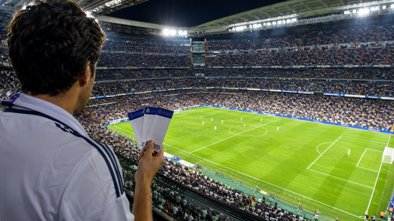 Aficionado con varias entradas contemplando un partido del Real Madrid en un estadio lleno